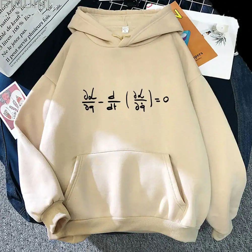 sweat-equation-quantique-1 Sweat à capuche beige avec une équation mathématique en dérivées affichée en noir au centre, idéal pour les amateurs de sciences et de mathématiques.