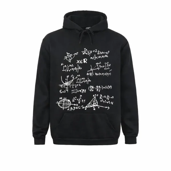 Sweat à capuche noir avec équations mathématiques blanches, parfait pour les amateurs de sciences et mathématiques, alliant style et passion pour la science.