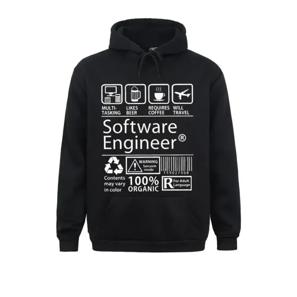 Sweat à capuche noir avec motifs liés à l'informatique et à la programmation, idéal pour les passionnés de technologie et de développement logiciel.