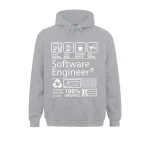 Sweat à capuche gris avec motifs liés à l'ingénierie logicielle, idéal pour les passionnés de technologie et de programmation.