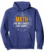 Veste à capuche bleue avec motif mathématique et slogan "Math, the only subject that counts" pour les amateurs de sciences. Parfait pour afficher votre passion pour les mathématiques au quotidien.