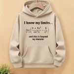 Sweat à capuche beige avec citation mathématique "I know my limits... and this is beyond my domain" et formule de limite en mathématiques.