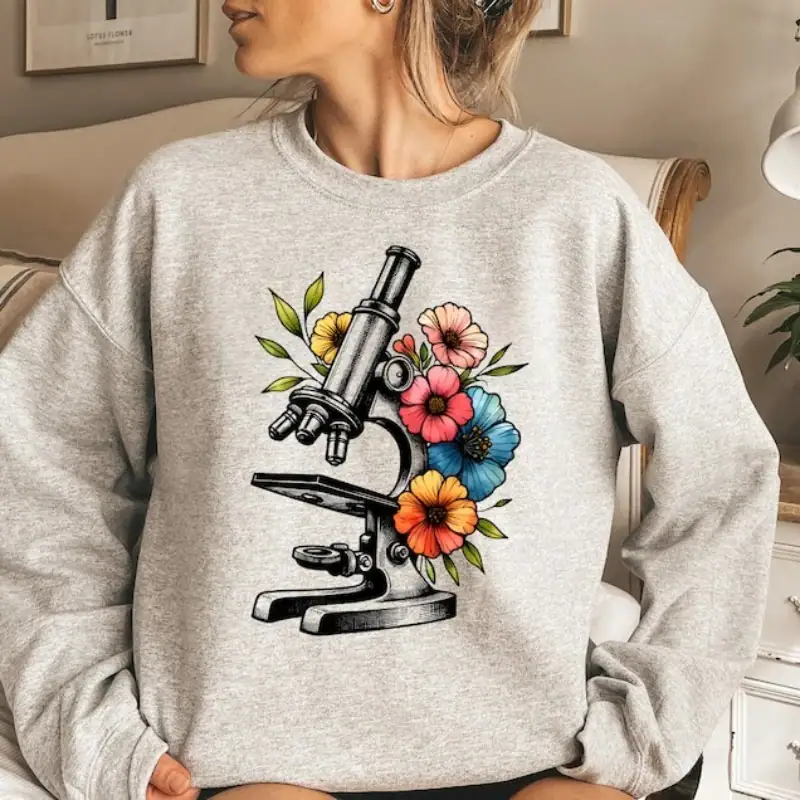 sweat-microscope-colore-1 Microscope illustré avec des fleurs colorées sur un sweat gris, combinant science et nature dans un style moderne et tendance.