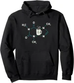 Sweat à capuche noir avec design moléculaire et tasse de café, parfait pour les amateurs de science et de chimie, alliant style et passion scientifique.