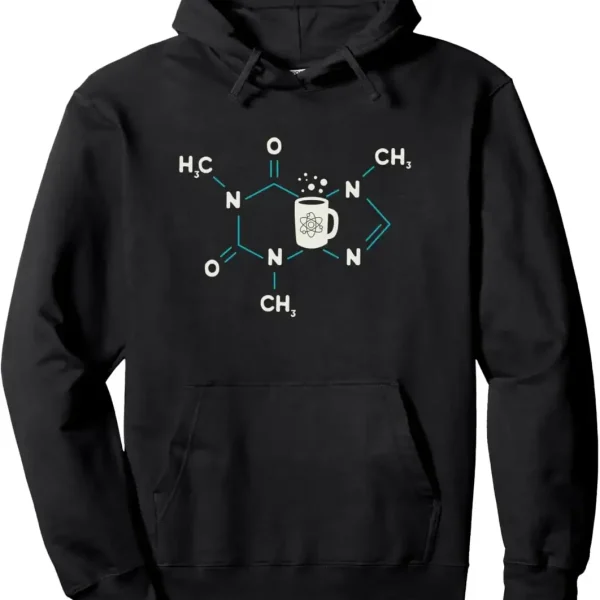 Sweat à capuche noir avec design moléculaire et tasse de café, parfait pour les amateurs de science et de chimie, alliant style et passion scientifique.