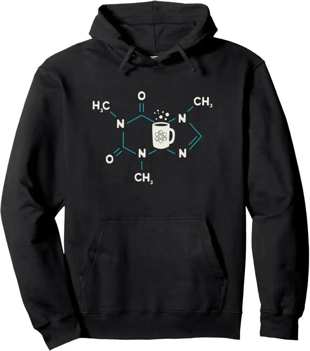 sweat-molecule-du-cafe-1 Sweat à capuche noir avec design moléculaire et tasse de café, parfait pour les amateurs de science et de chimie, alliant style et passion scientifique.