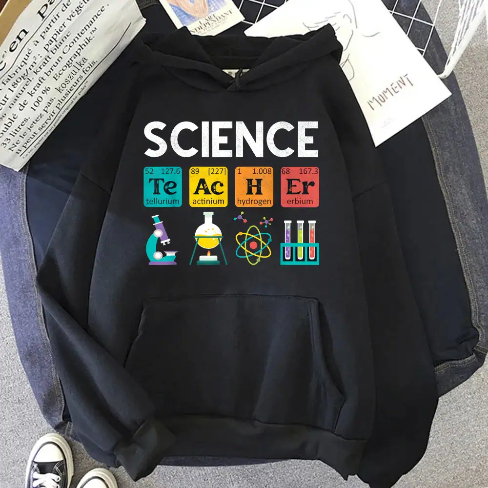 sweat-prof-de-science-1 Vêtement à capuche avec motifs scientifiques colorés et éducatifs.