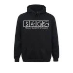 Sweat à capuche noir avec design humoristique basé sur la table périodique, mettant en avant le symbole "SArCaSm" pour "Humour".