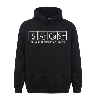Sweat à capuche noir avec design humoristique basé sur la table périodique, mettant en avant le symbole "SArCaSm" pour "Humour".