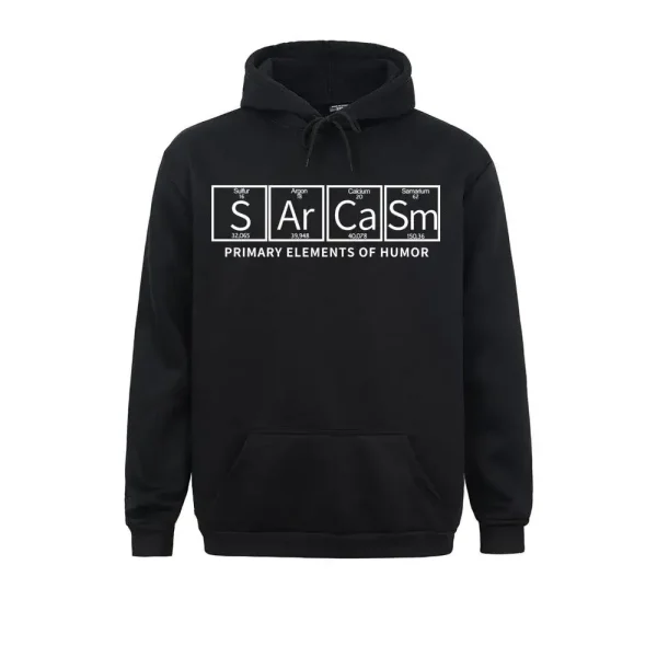 Sweat à capuche noir avec design humoristique basé sur la table périodique, mettant en avant le symbole "SArCaSm" pour "Humour".