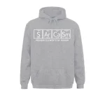 Sweat à capuche gris clair avec la formule chimique "S Ar Ca Sm" et la phrase "Primary Elements of Humor" en blanc, style graphique moderne.