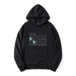 Sweat à capuche noir avec design du tableau périodique des éléments chimiques, idéal pour les amateurs de science et de décoration scientifique.