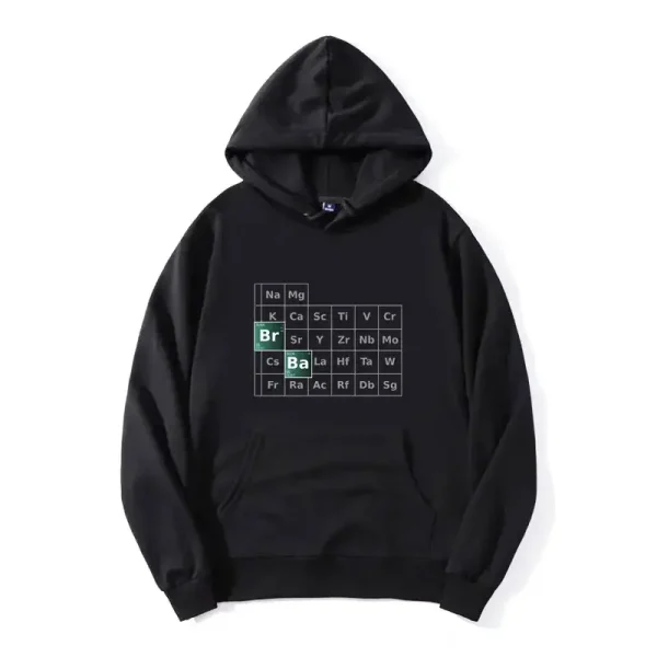 Sweat à capuche noir avec design du tableau périodique des éléments chimiques, idéal pour les amateurs de science et de décoration scientifique.