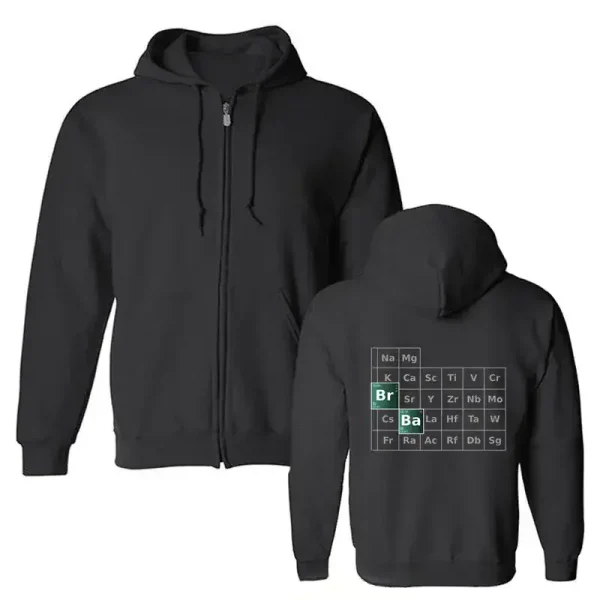 Veste à capuche zippée inspirée de Breaking Bad, avec design de la table périodique. Parfait pour les fans de la série et la décoration geek.