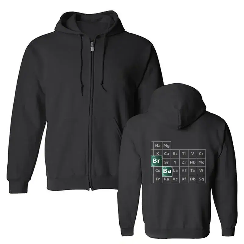 sweat-zippe-breaking-bad-1 Veste à capuche zippée inspirée de Breaking Bad, avec design de la table périodique. Parfait pour les fans de la série et la décoration geek.