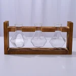 Bouteilles de laboratoire en verre avec support en bois pour expériences scientifiques ou décoration. Parfaites pour un usage éducatif ou décoratif dans un style industriel ou scientifique.