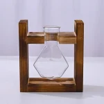 Support en bois avec bouteille en verre pour expériences scientifiques.