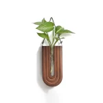 Support mural en bois avec plante verte suspendue.