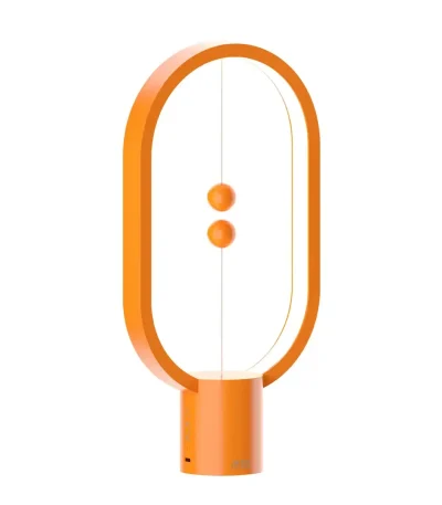 Lampe de bureau design en forme d'ovale orange avec deux boutons pour l'éclairage.