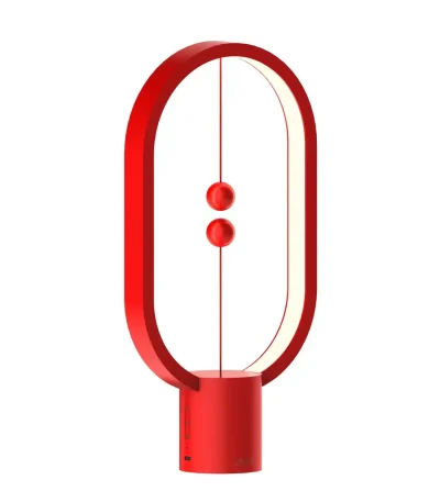Lampe de bureau design en forme d'atome avec deux sphères rouges représentant un modèle scientifique, idéale pour une décoration moderne et éducative.