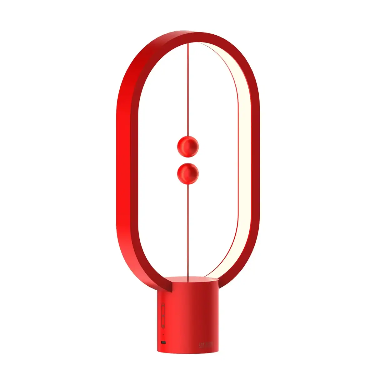 lampe-heng-balance-grand-modele-rouge-1 Lampe de bureau design en forme d'atome avec deux sphères rouges représentant un modèle scientifique, idéale pour une décoration moderne et éducative.